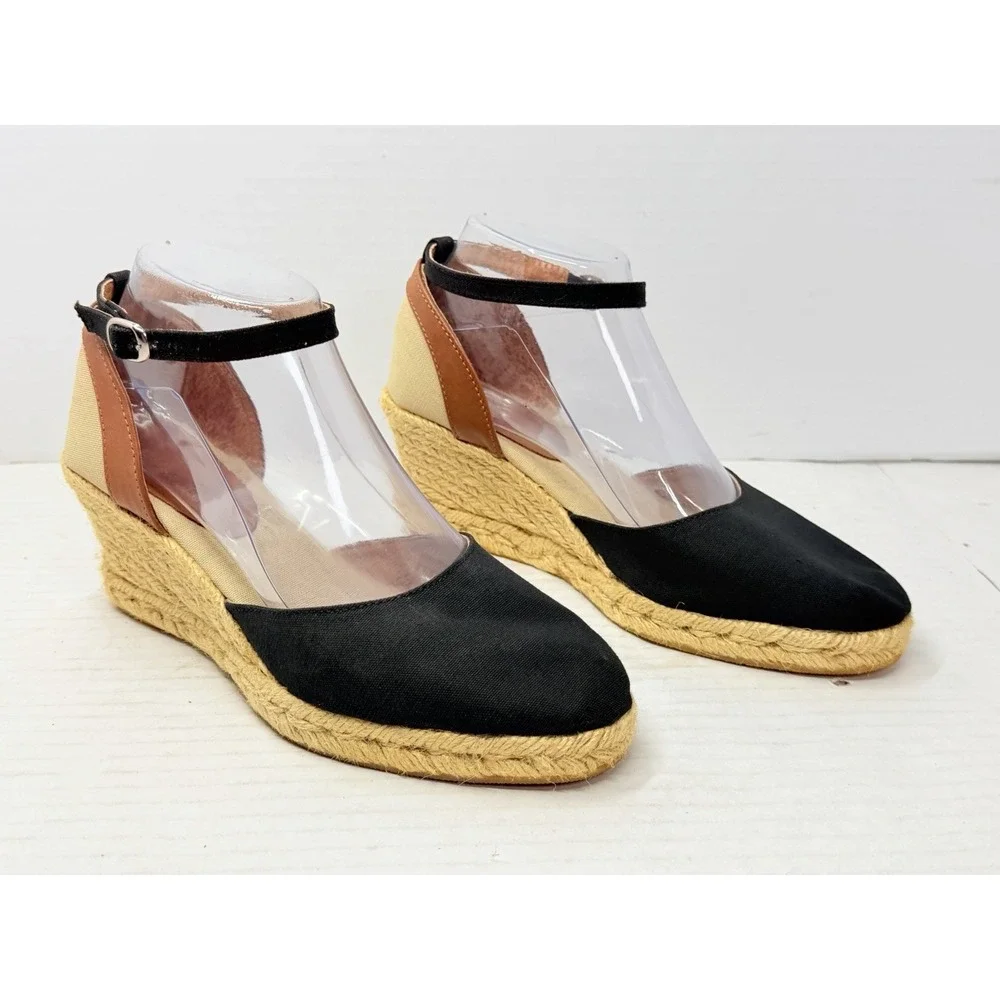 Brooks Brothers Womens US 7.5 Black Canvas Espadrille Wedge Ankle Strap